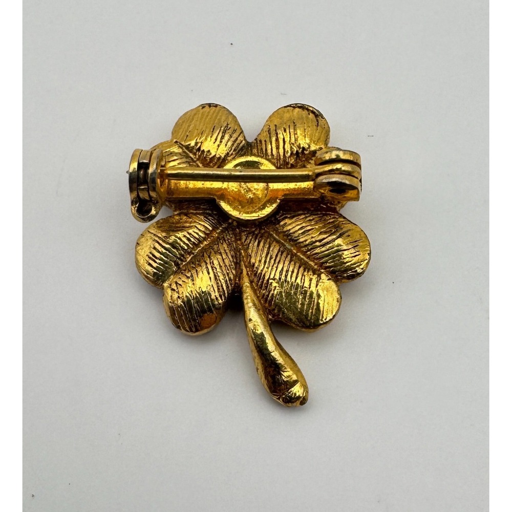 Vintage Four Leaf Clover Brooch Gold Tone Blue Stone Good Luck Charm - Picture 3 of 6